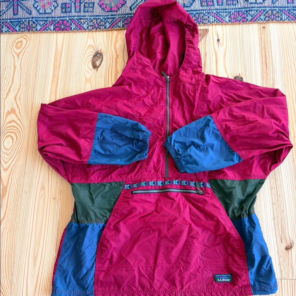 L.L. Bean Magenta Hooded Colorblock Windbreaker with Blue and Green Accents